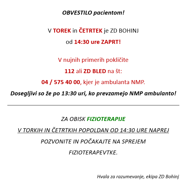 Letak delovnega časa ZD Bohinj